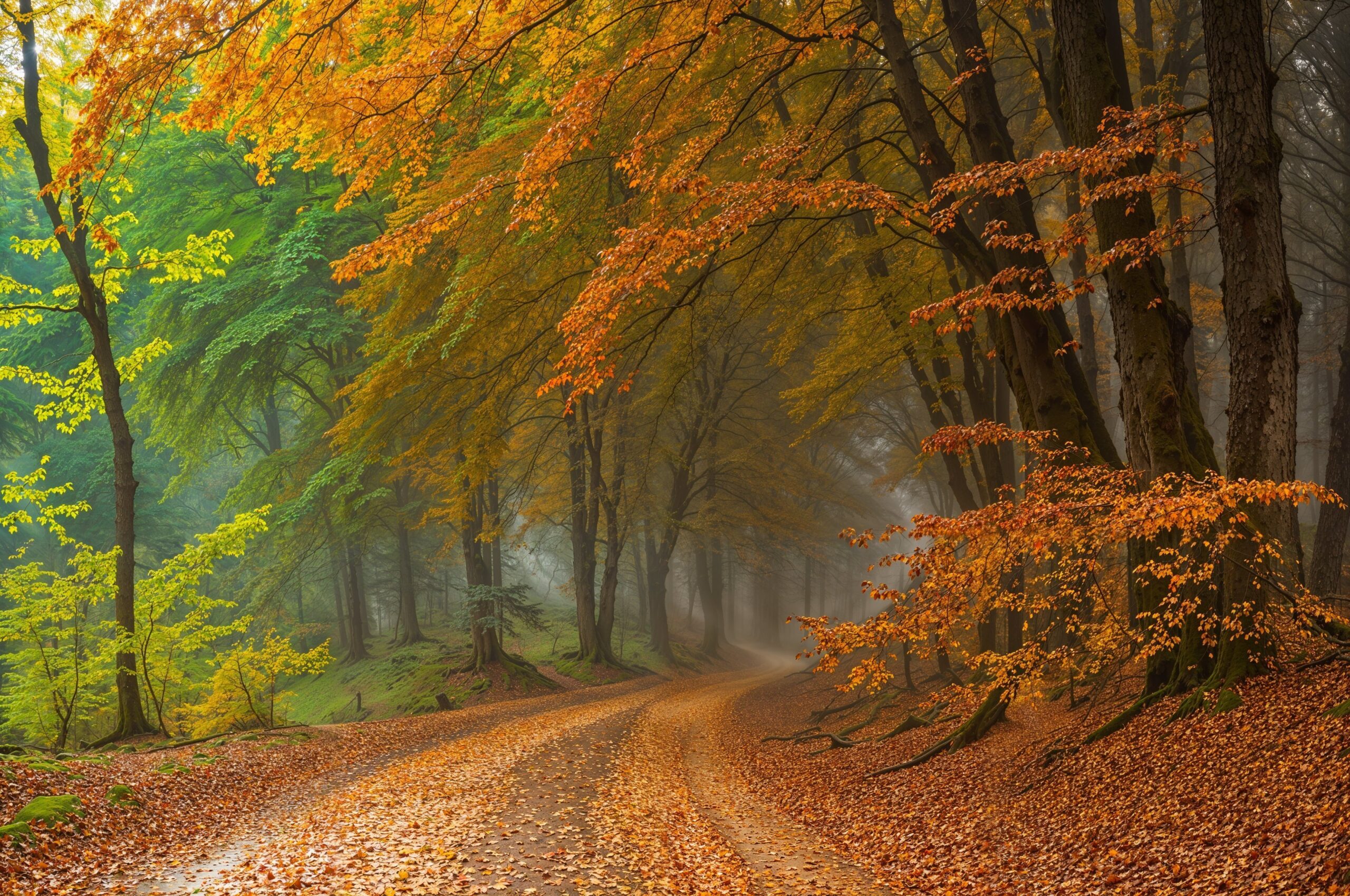 Viale di foglie cadute nel pomeriggio: con la riduzione della luce può comparire la depressione autunnale